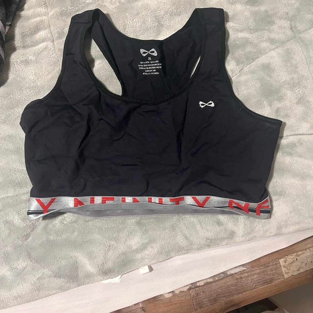 NFINITY Black Sports Bra with Silver and Red Accents